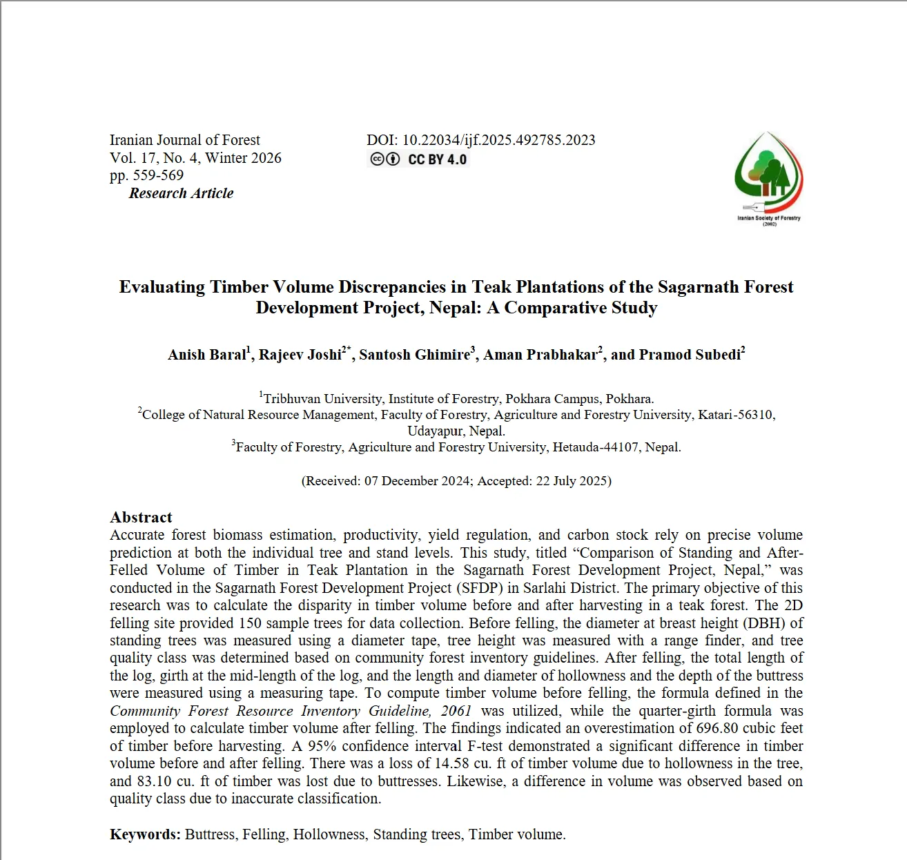 Evaluating Timber Volume Discrepancies in Teak Plantations of the Sagarnath Forest Development Project, Nepal